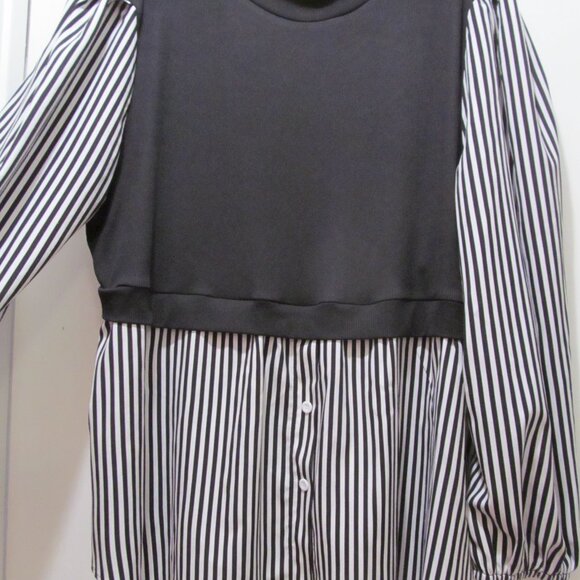 SHEIN Curve Essnce Plus Striped Print Top Lantern Sleeve 2 in 1 top Black Sz 4X - Picture 12 of 14